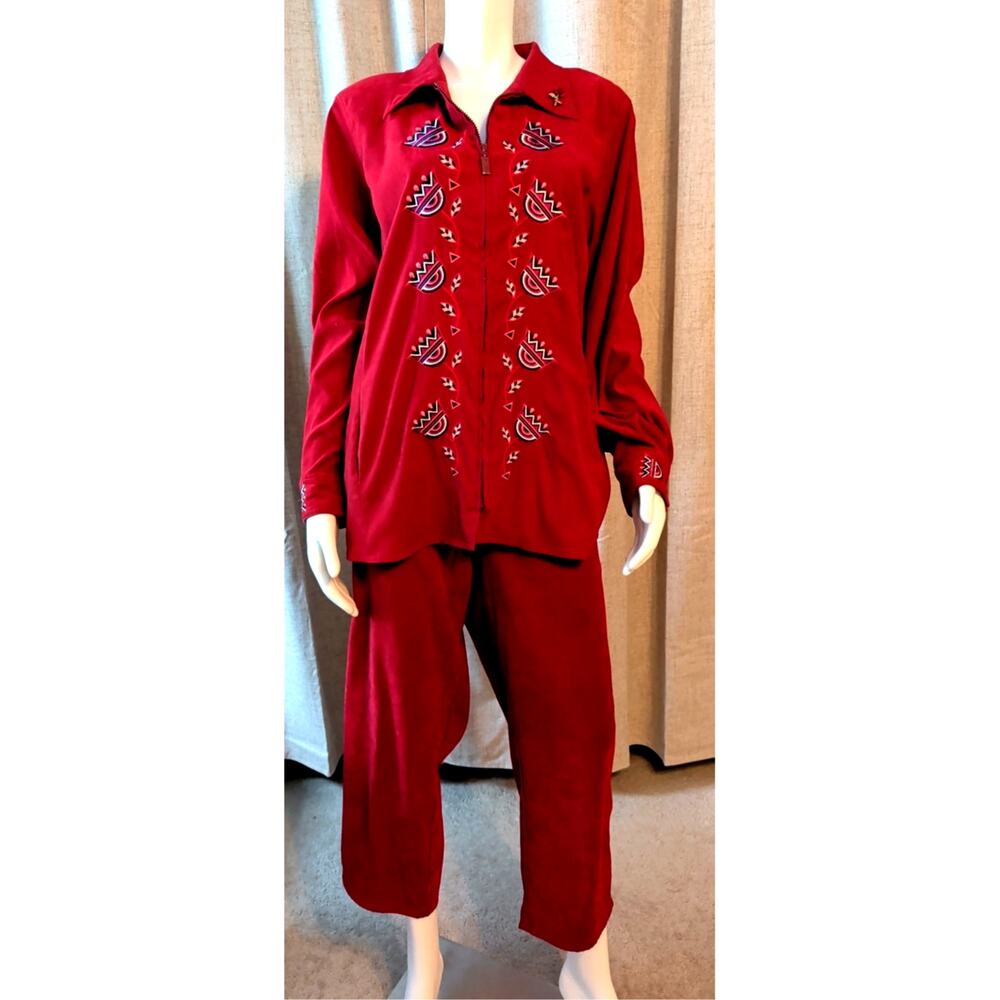 VTG Bob Mackie Red Embroidered Full Zip Jacket and Pants Set Women's Size L